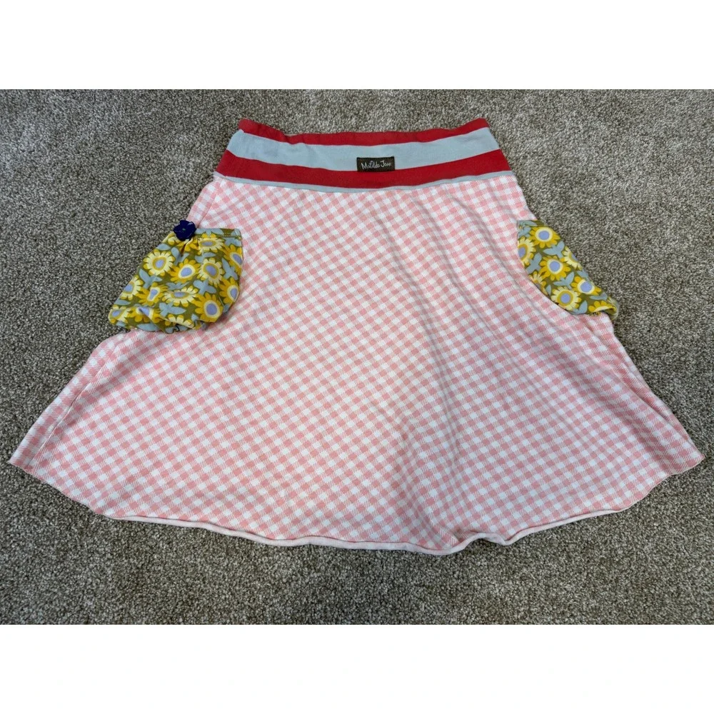 Matilda Jane Serendipity Girls Skirt Pink Gingham Floral Pocket 8 Retired HTF